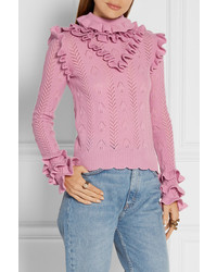 Gucci Ruffled Pointelle Knit Wool Blend Sweater Baby Pink