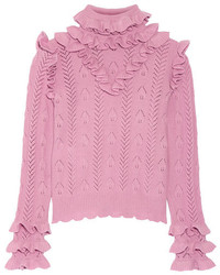 Gucci Ruffled Pointelle Knit Wool Blend Sweater Baby Pink