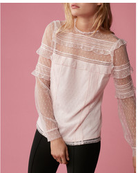 Express Petite Pieced Lace Long Sleeve Blouse