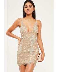 Missguided Pink Lace Plunge Strappy Bodycon Dress