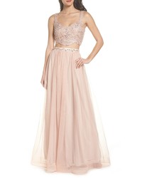 Sequin Hearts Beaded Lace Two Piece Gown