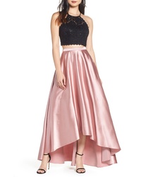 Sequin Hearts Glitter Lace Satin Highlow Two Piece Evening Dress