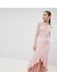 City Goddess Petite Long Sleeve High Neck Fishtail Maxi Dress With Lace Detail