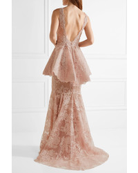 Marchesa Tulle Paneled Guipure Lace Peplum Gown Baby Pink