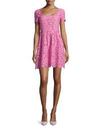 Valentino Lace Square Neck Short Sleeve Dress Pink