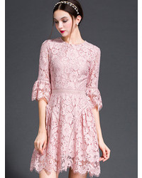 Pink Round Neck Bell Sleeve Lace Dress