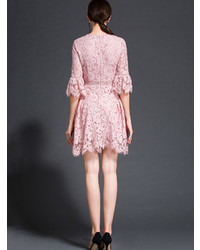 Pink Round Neck Bell Sleeve Lace Dress