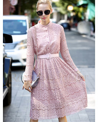 Pink Round Neck Long Sleeve Drawstring Lace Dress