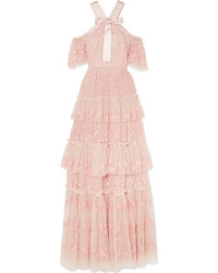 Needle & Thread Primrose Cold Shoulder Tiered Embroidered Tulle Gown