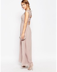 Little Mistress Ruched Bodice Maxi Dress With Lace Sleeves