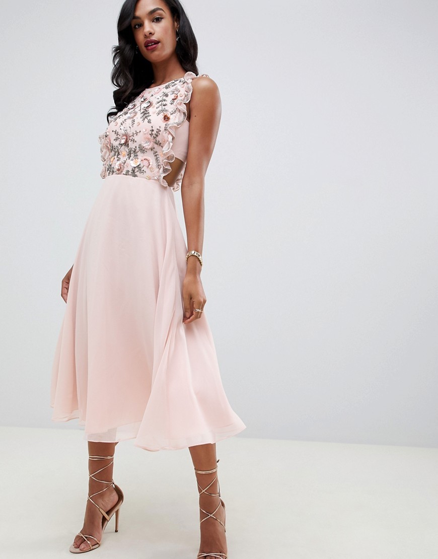 asos design lace midi dress with pinny bodice