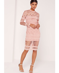Missguided Lace High Neck Midi Dress Pink