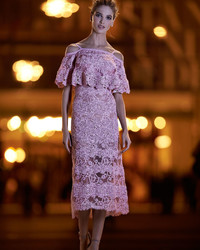 Elie Saab Off The Shoulder Lace Popover Midi Dress Pink