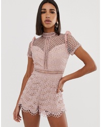 Love Triangle High Neck Cutwork Lace Playsuit In Pink