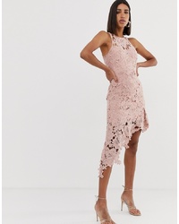 Love Triangle Halter Neck Lace Midi Dress With Asymmetric Skirt In Pink