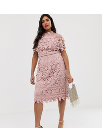 Chi Chi London Plus High Neck All Over Lace Pencil Dress In Blush Pink