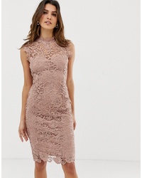 Paper Dolls High Neck Lace Midi Dress In Taupe