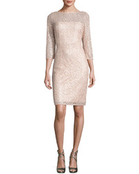 Kay Unger New York Sequined Lace Overlay Sheath Dress Pink
