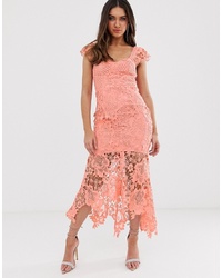 Love Triangle Sweetheart Neck Lace Dress With Cupped Top In Soft Coral