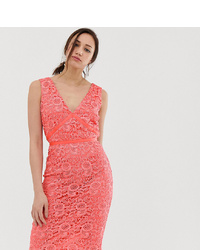 Paper Dolls Tall V Neck Lace Pencil Dress In Coral