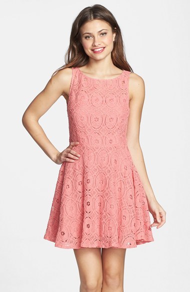 pink lace fit and flare dress