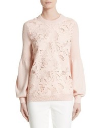 Lela Rose Lace Trim Puff Sleeve Sweater