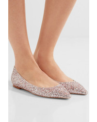 Jimmy Choo Romy Glittered Leather Point Toe Flats Pastel Pink