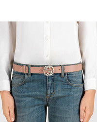 Gucci Pink Leather Belt With Crystal Interlocking G Buckle