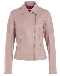 Women's Pink Leather Biker Jacket, White Peplum Top, Blue Jeans, Grey ...