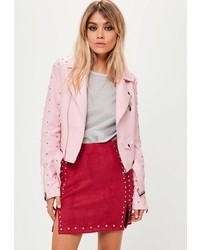 Missguided Pink Studded Sleeve Faux Leather Jacket