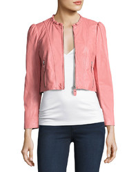 Rebecca Taylor Ruffle Collar Leather Moto Jacket Light Pink