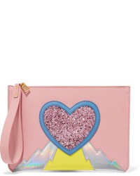 Sophie Hulme Talbot Glitter Trimmed Paneled Metallic Leather Pouch Pink