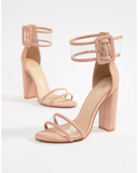 Public Desire Mission Dusty Pink Clear Strap Block Heeled Sandals