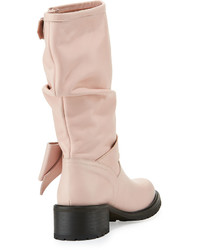 RED Valentino Ruched Leather Bow Mid Calf Boot Pale Rose