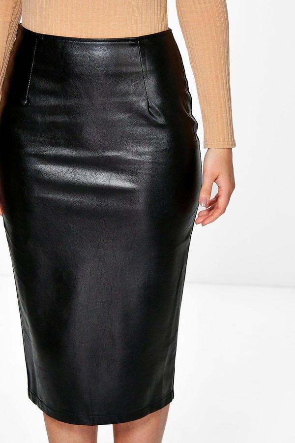 Boohoo Amaya Soft Leather Look Midi Skirt, $35 | BooHoo | Lookastic