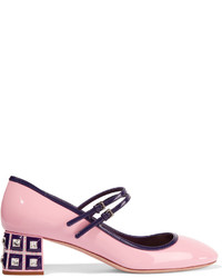 Miu Miu Crystal Embellished Patent Leather Mary Jane Pumps Baby Pink