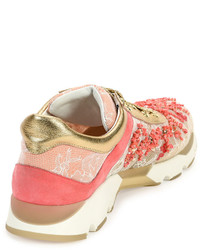 Rene Caovilla Beaded Lace Leather Sneaker Coral