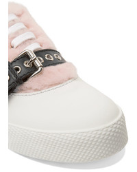 Miu Miu Buckled Shearling And Leather Sneakers Pink