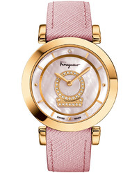 Salvatore Ferragamo 37mm Minuetto Watch W Diamonds Leather Strap Pink