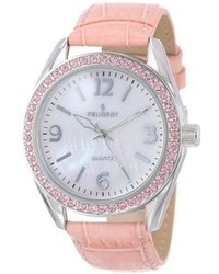 Peugeot Silver Tone Swarovski Crystal Accented Mother Of Pearl Pink Leather Strap Watch 3006pk