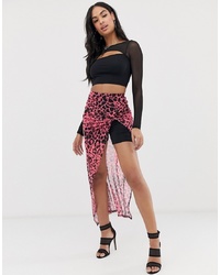 ASOS DESIGN Leopard Mesh Twist Front Maxi Skirt With Legging Short