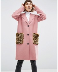 Asos Coat In Wool Blend With Faux Fur Leopard Pockets