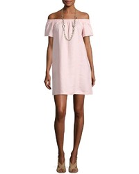 Neiman Marcus Off The Shoulder Linen Dress Pink