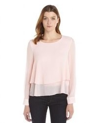 Ellen Tracy Cameo Pink Crepe Woven Long Sleeve Tiered Blouse