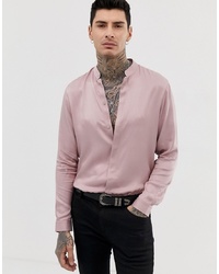 ASOS DESIGN Regular Fit Shirt With Manderin Collar In Dusty Pink