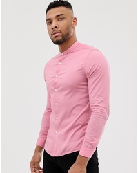 ASOS DESIGN Skinny Fit Shirt With Grandad Collar In Pink