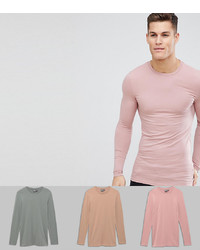 ASOS DESIGN 3 Pack Muscle Fit Longline Long Sleeve Crew Neck T Shirt Save