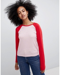 Monki Baseball Top In Red And Pink Colourblock