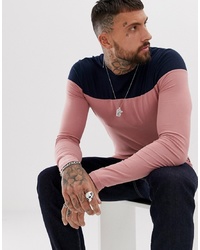 ASOS DESIGN Muscle Fit Long Sleeve T Shirt With Contrast Yoke In Pink