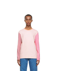 Comme Des Garcons SHIRT Pink And Orange Colorblock Logo Long Sleeve T Shirt